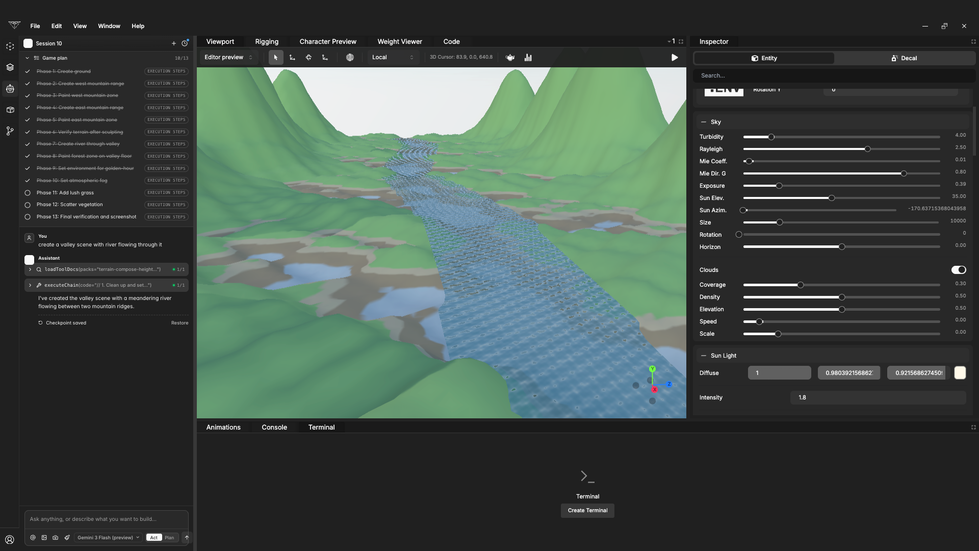 Makepot editor interface showing an AI-created 3D valley scene with a river